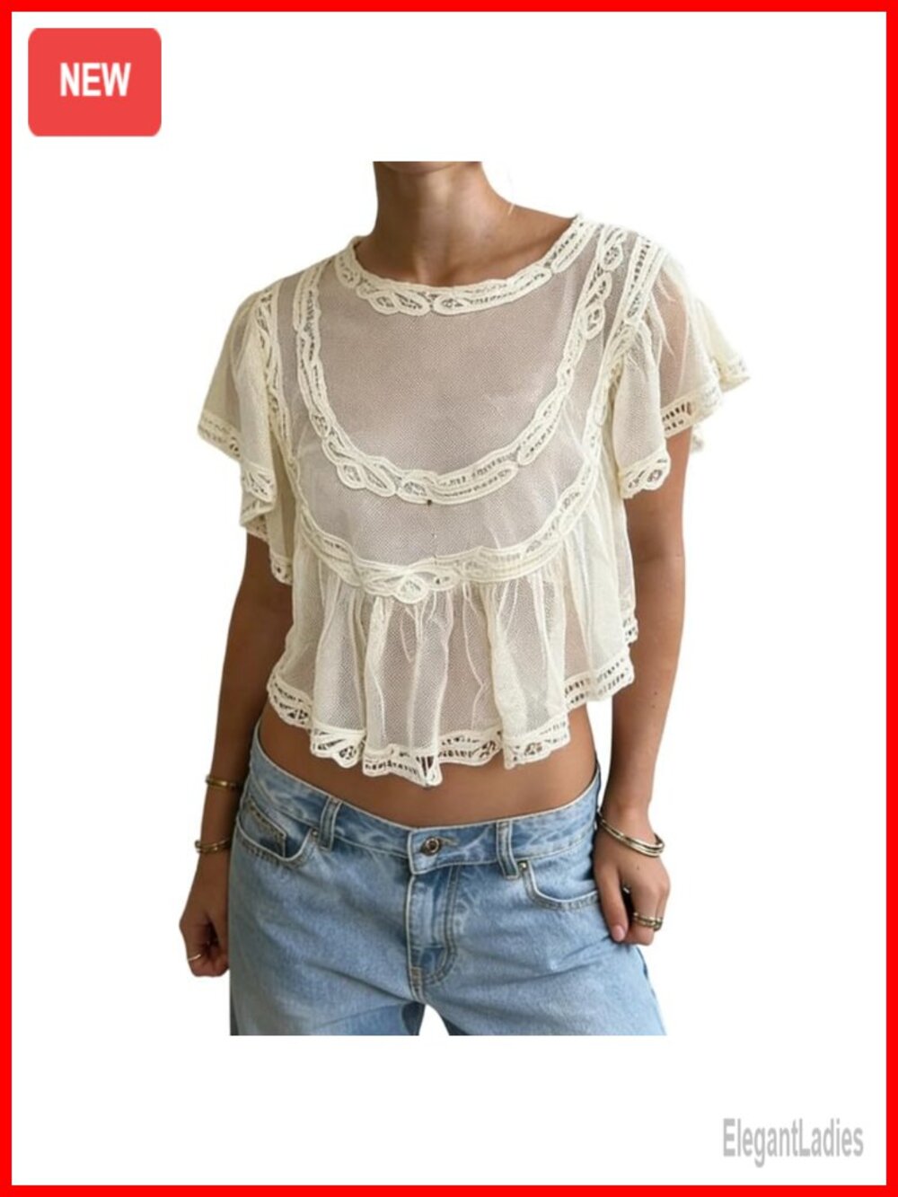 Women Sheer Mesh Crop Top Lace Trim Babydoll Blouse Ruffle Sleeve Summer